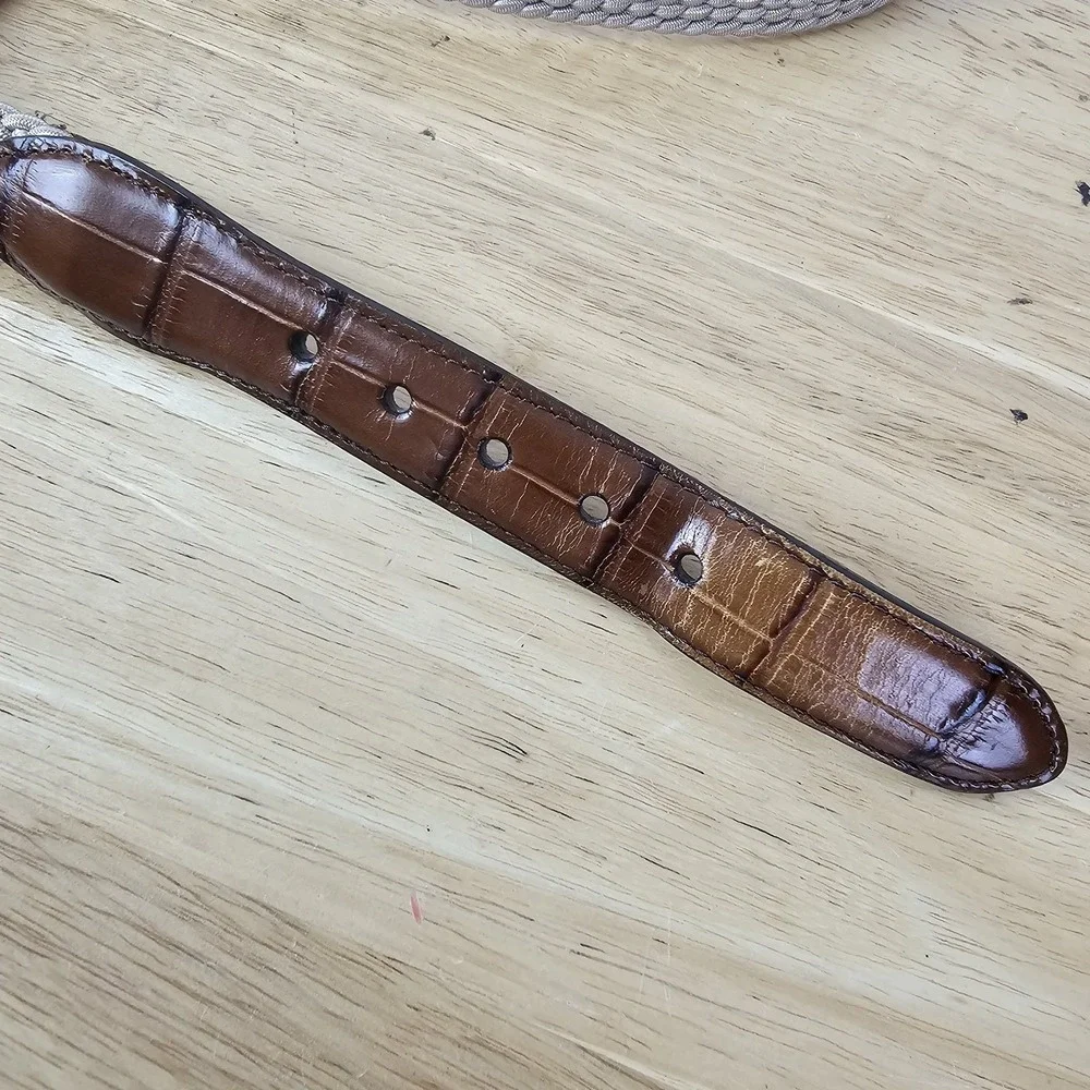 Brighton Mens 42‎ Brown Leather Woven Stretch Belt Gold Buckle Croc Trim 3350